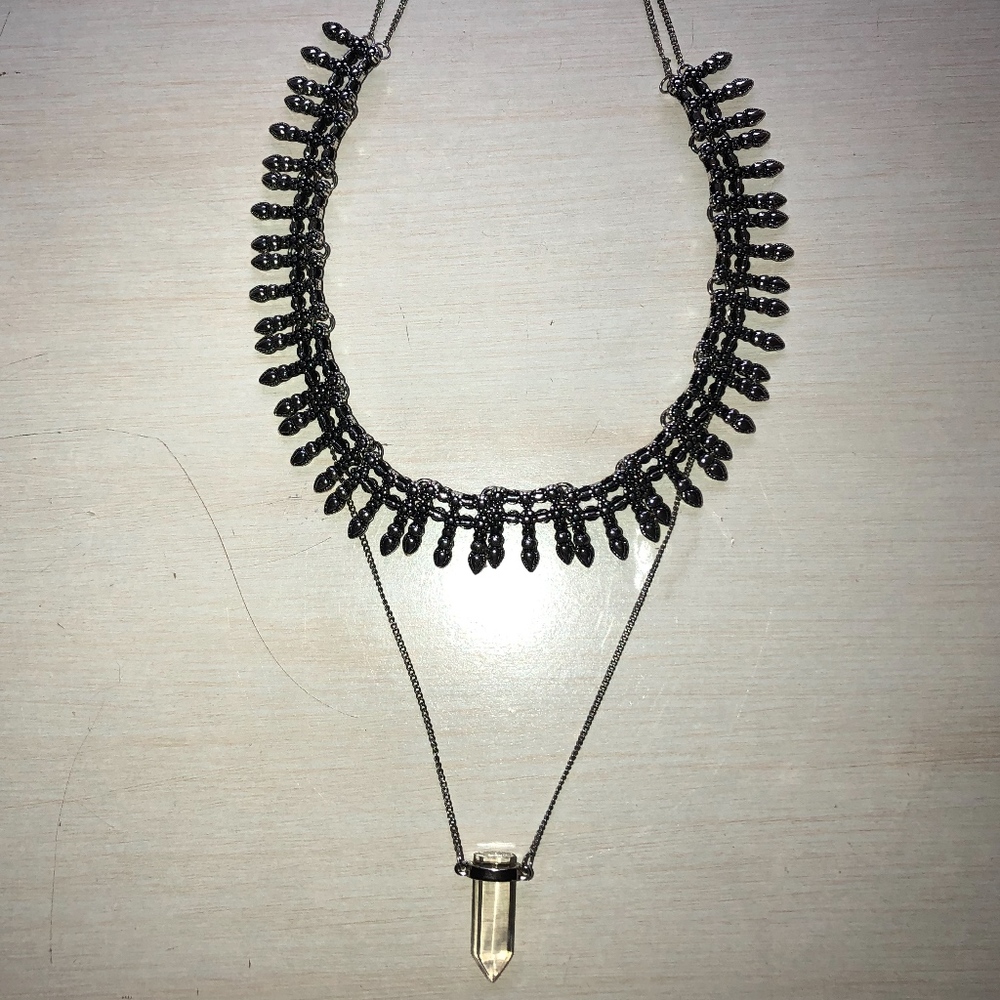 Silver Layered Necklace with Crystal